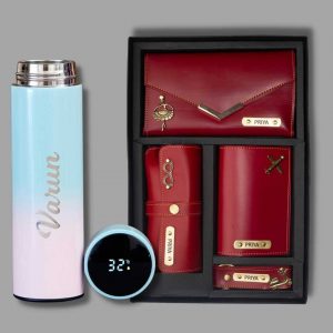 Womens Combo Red (Customised Wallet, Glasses Case, Keychain, Passport Cover, Temperature Bottle)