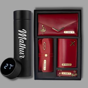 Womens Combo Red (Customised Wallet, Glasses Case, Passport Cover, Keychain, Temperature Bottle)