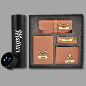 Mens Combo Tan (Customised Wallet, Glasses Case, Passport Cover, Keychain, Temperature Bottle)