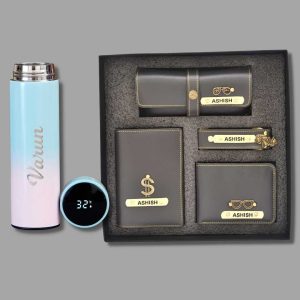 Mens Combo Grey (Customised Wallet, Glasses Case, Passport Cover, Keychain, Temperature Bottle)