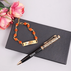 Personalized Rudraksha Bracelet Rakhi With Pen