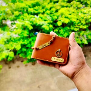 Customized Rudraksha Rakhi and Wallet Combo Tan