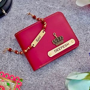 Customized Rudraksha Rakhi and Wallet Combo Wine